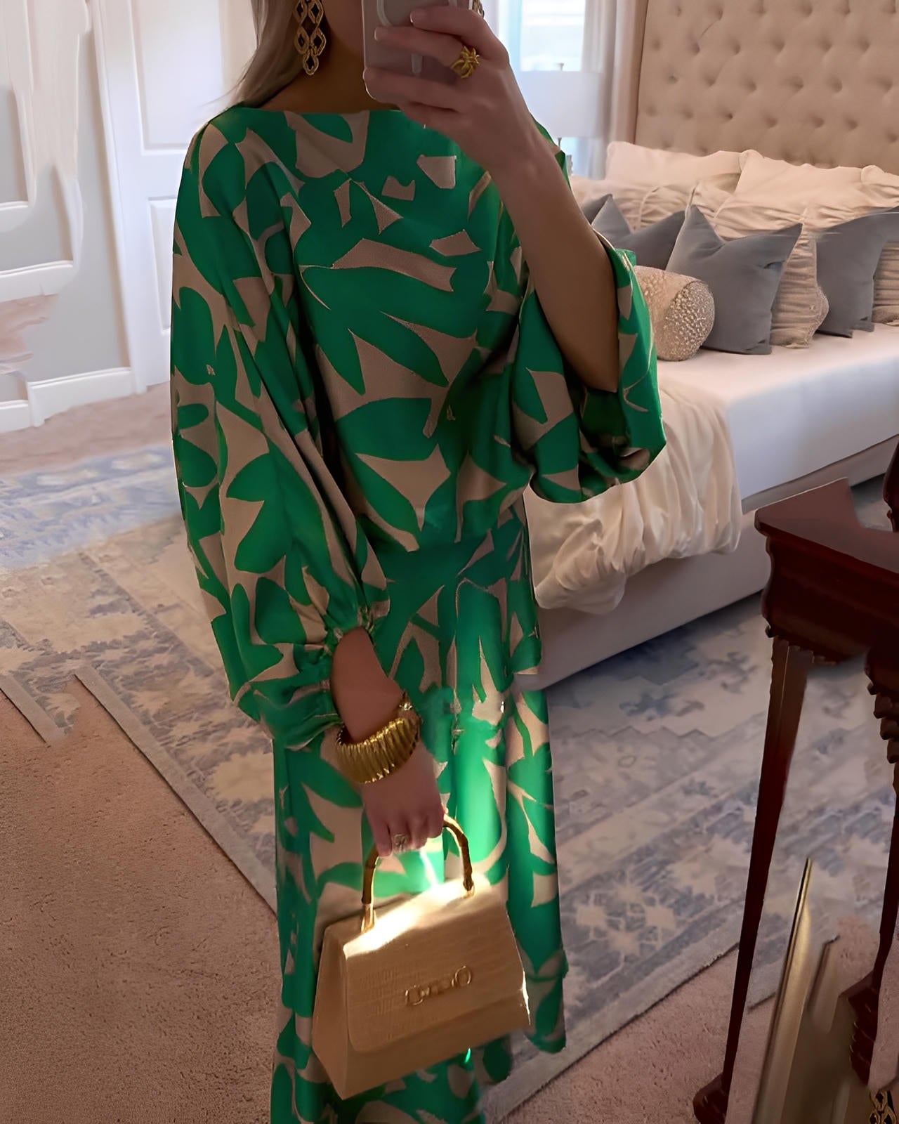 Printed Two-Piece Set Dress with Relaxed Fit & Lantern Sleeves