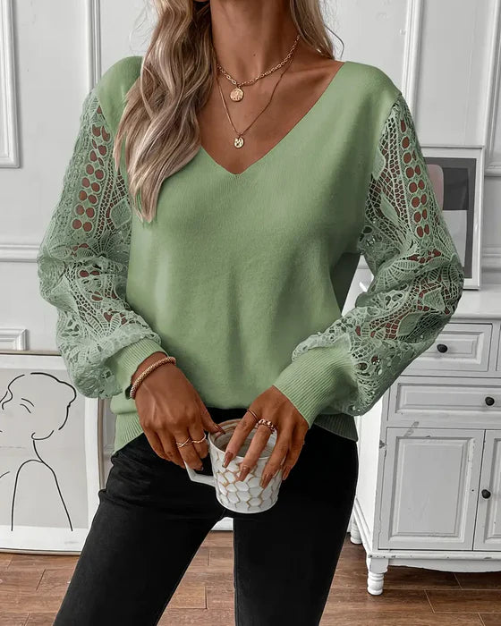 Trendy V-Neck Hollow-Knit Sweater with Lightweight Ajour Detail
