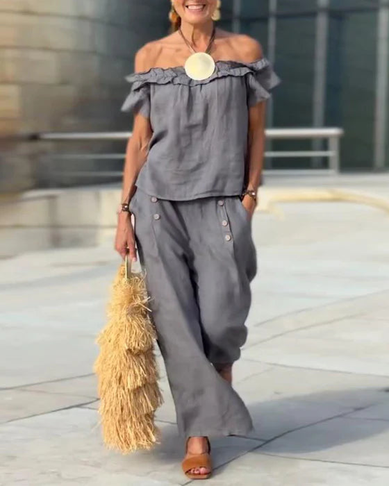 Elegant Off-Shoulder Two-Piece Set with Slim Fit Silhouette