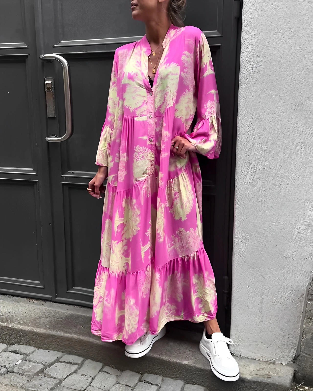 Loose Printed V-Neck Patchwork Dress with Flared Sleeves