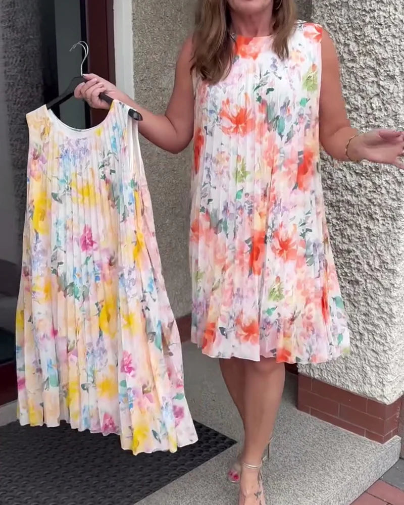 Sleeveless Pleated Floral Print Midi Dress with Defined Waist