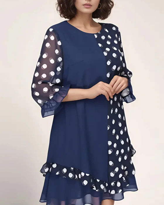 Polka Dot Patchwork Dress with Long Sleeves & Relaxed Fit