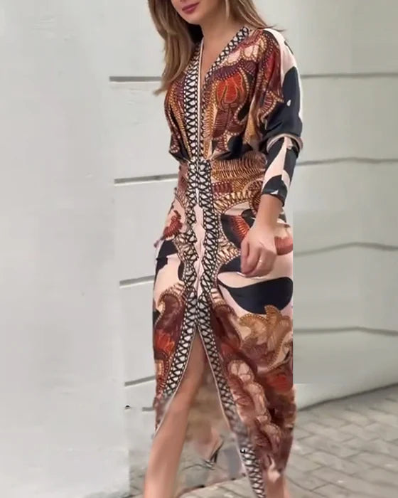 Elegant Printed Bodycon Dress with Side Slit