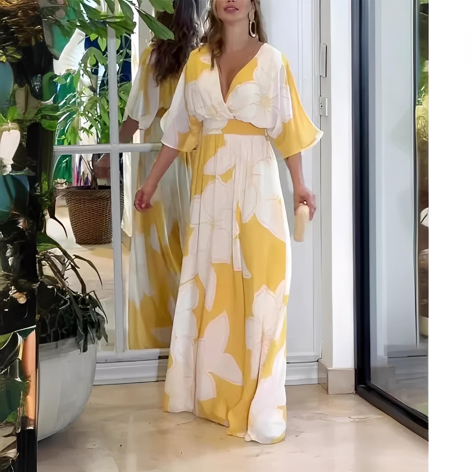 Floral Print V-Neck Batwing Sleeve Maxi Dress with Backless Detail