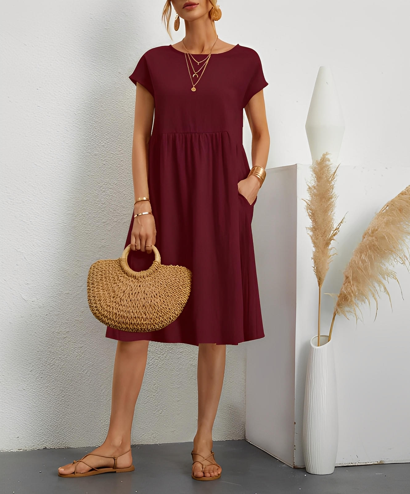 Summer Short-Sleeved A-Line Dress with Pockets & Round Neck