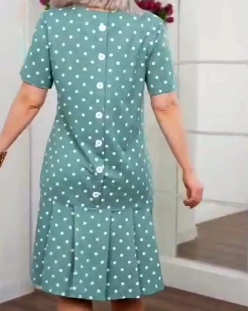 Casual Polka Dot Printed Dress with Short Sleeves & Relaxed Fit