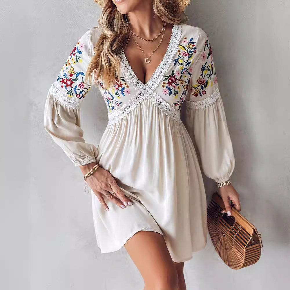 Women's Clothing Embroidered V-neck Casual Dress