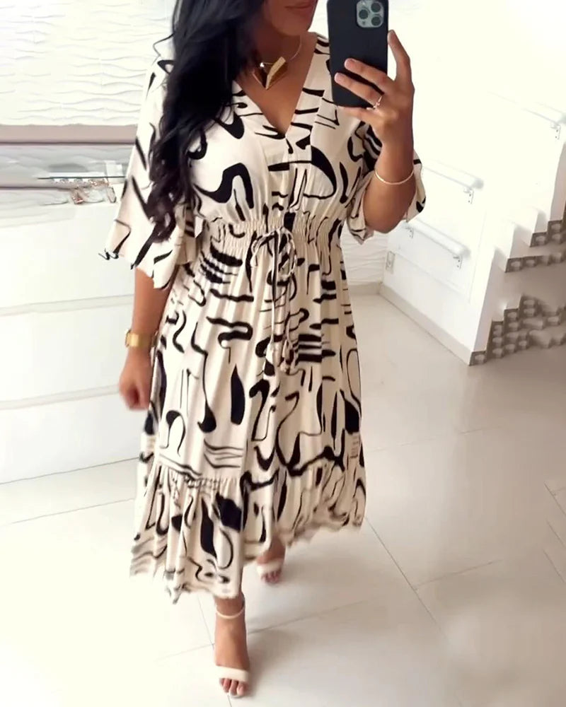 V-Neck Waist Dress with Ink Print & Short Sleeves