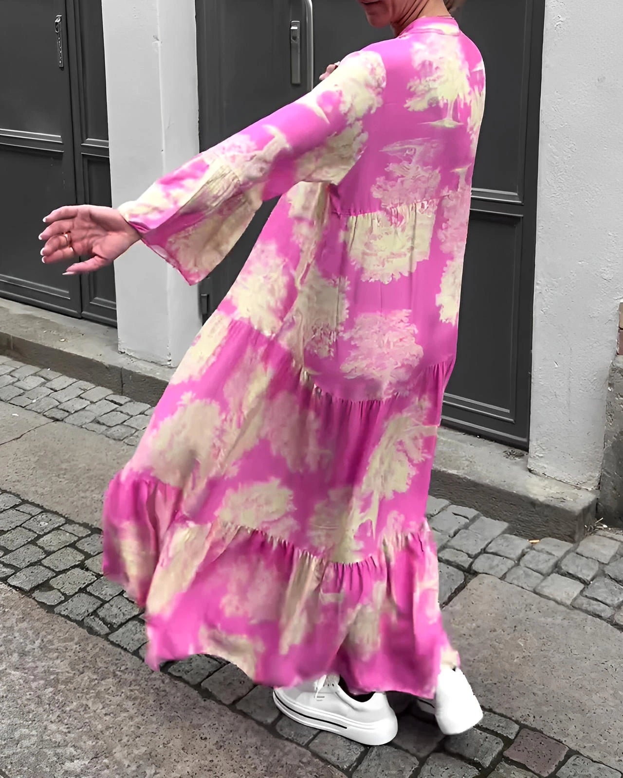 Loose Printed V-Neck Patchwork Dress with Flared Sleeves