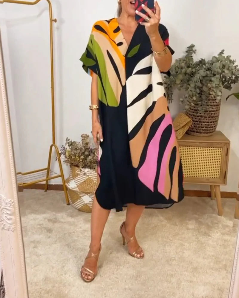Colourful Relaxed Fit Dress with Leaf Print & Short Sleeves