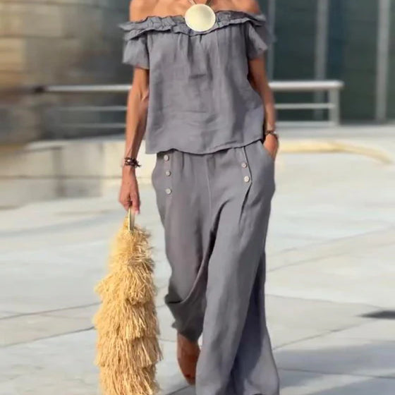 Elegant Off-Shoulder Two-Piece Set with Slim Fit Silhouette