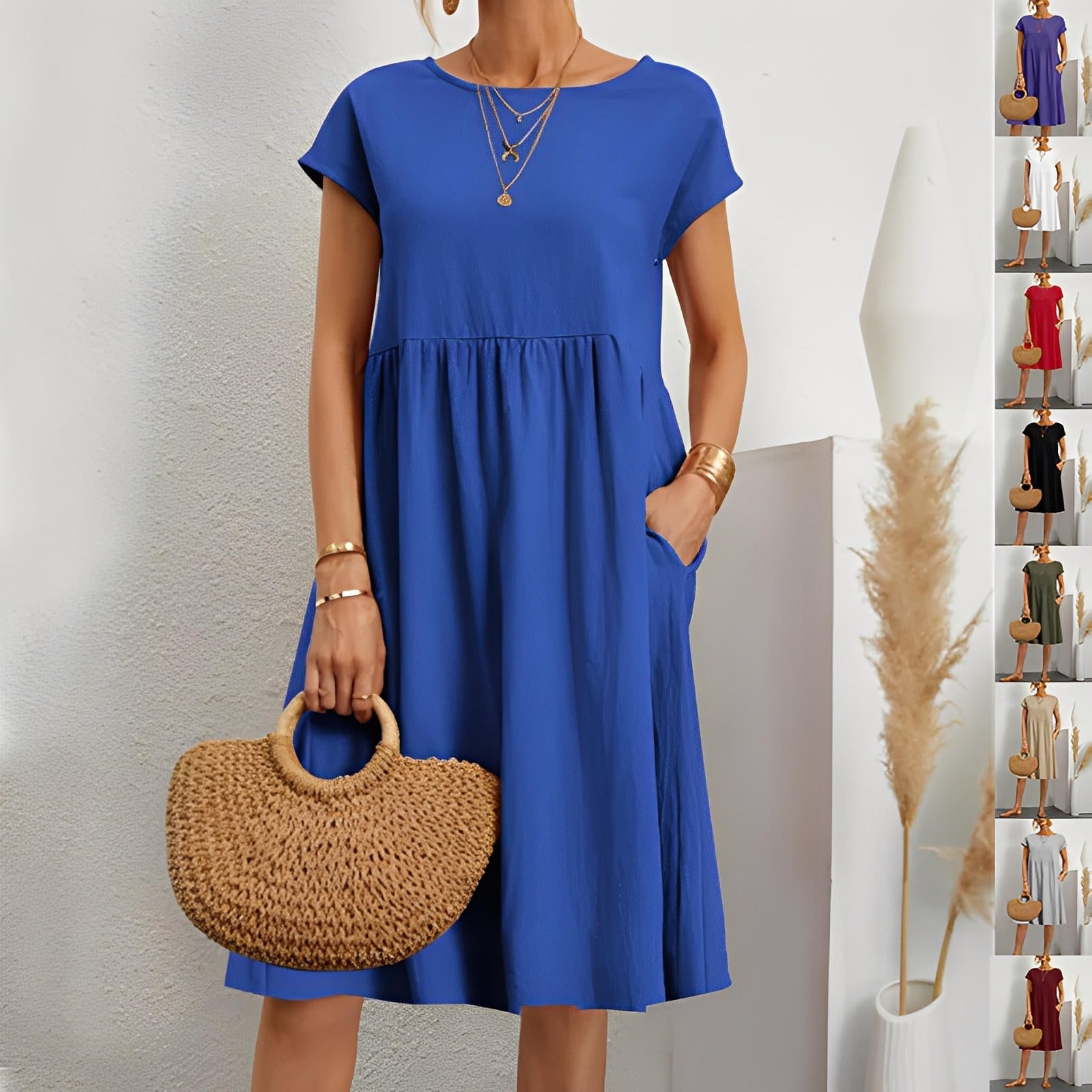 Summer Short-Sleeved A-Line Dress with Pockets & Round Neck