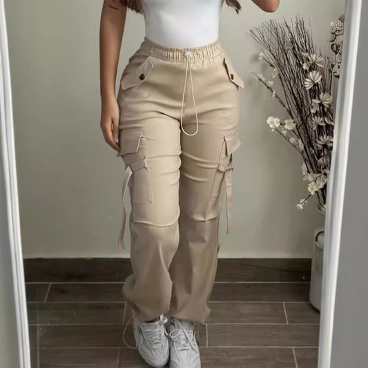 Cargo pants -Multi-Pocket Monochrome Elastic Waist