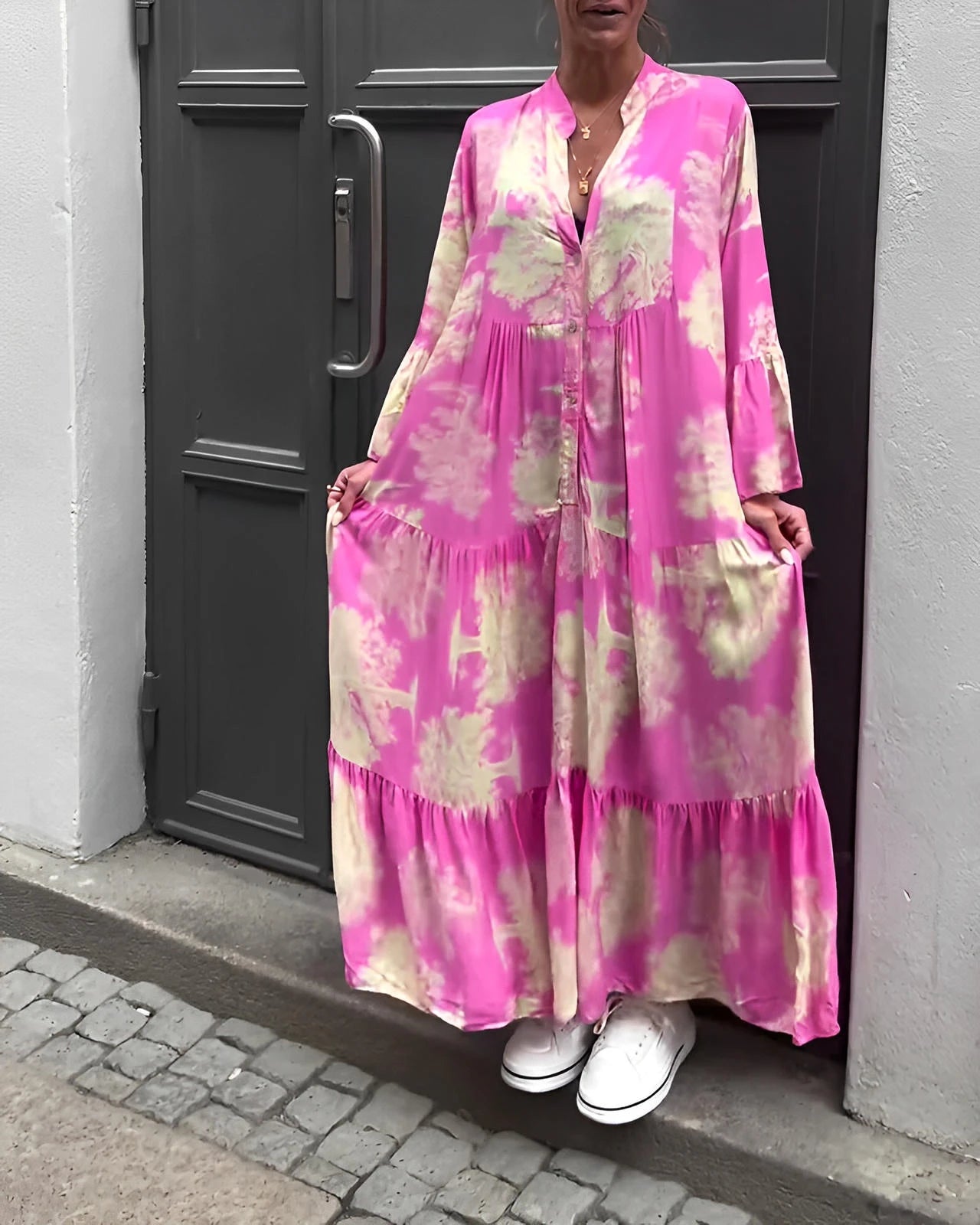 Loose Printed V-Neck Patchwork Dress with Flared Sleeves