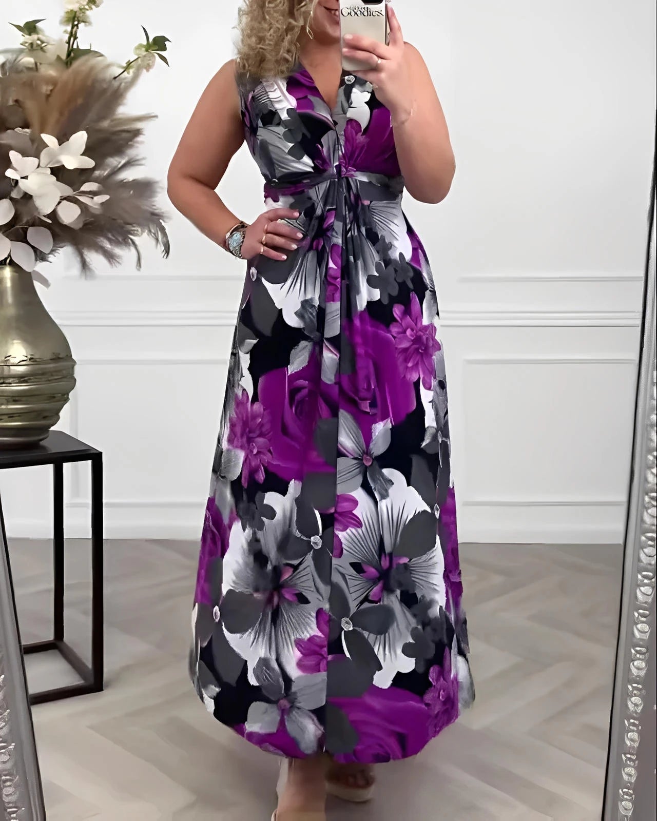 Sleeveless Pleated Floral Midi Dress with Cinched Waist & High Neckline
