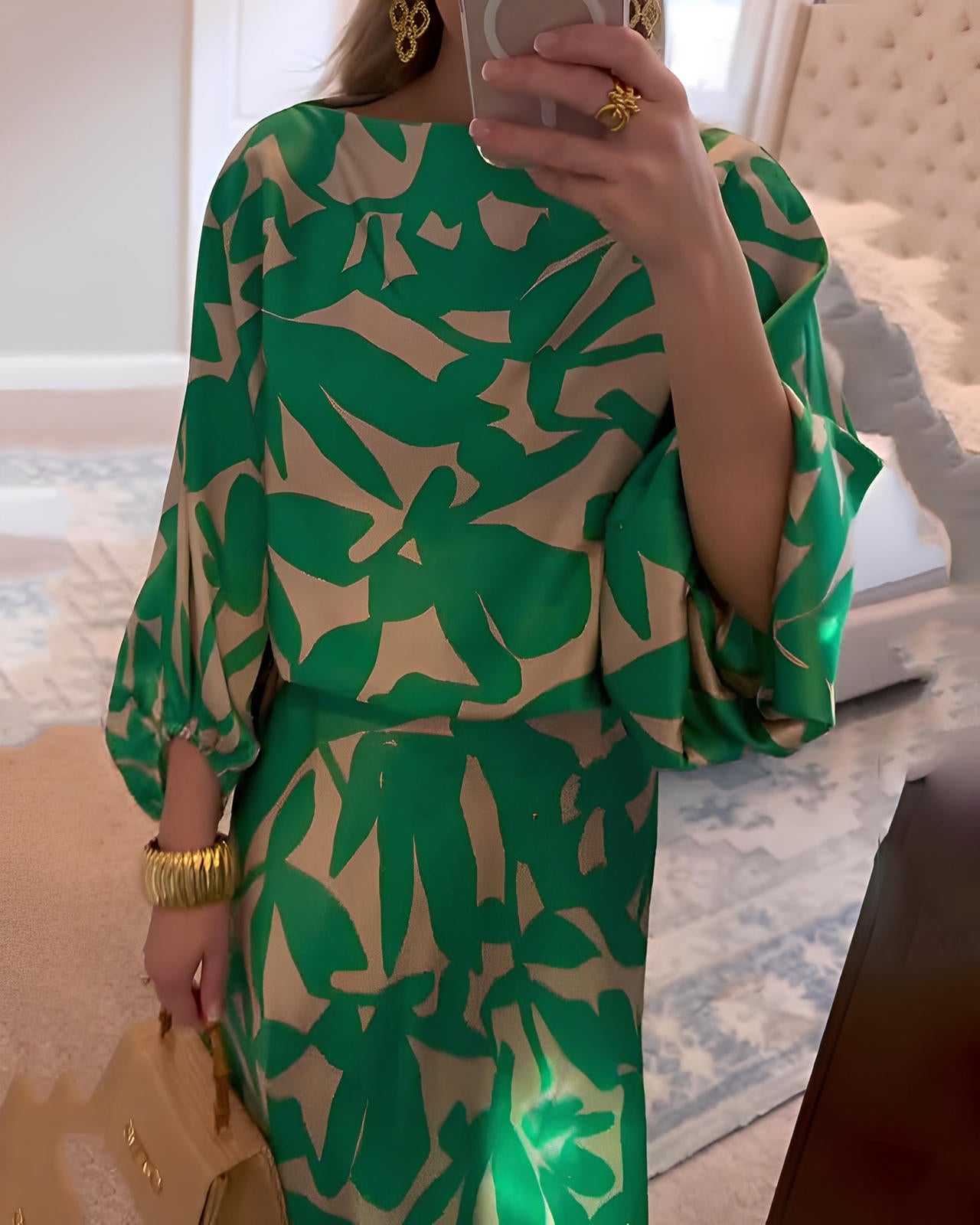 Printed Two-Piece Set Dress with Relaxed Fit & Lantern Sleeves