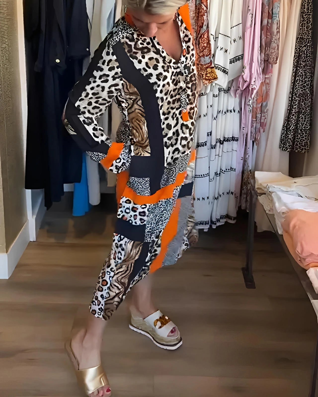 Leopard Print Geometric Midi Dress with Sleeves and Waist Tie