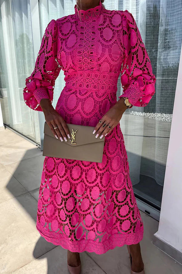 Elegant Romantic Lace Midi Dress with Sheer Sleeves