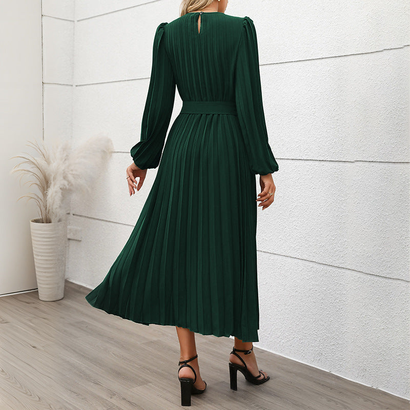 Long Sleeve Pleated Round Neck Dress For Women