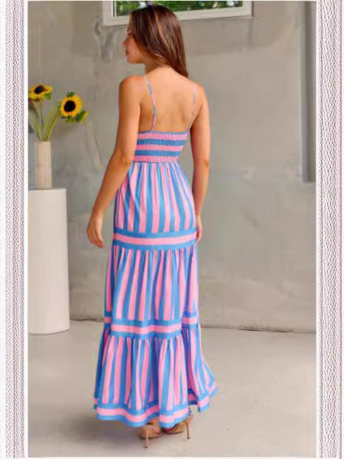 Summer Striped Suspender Maxi Dress
