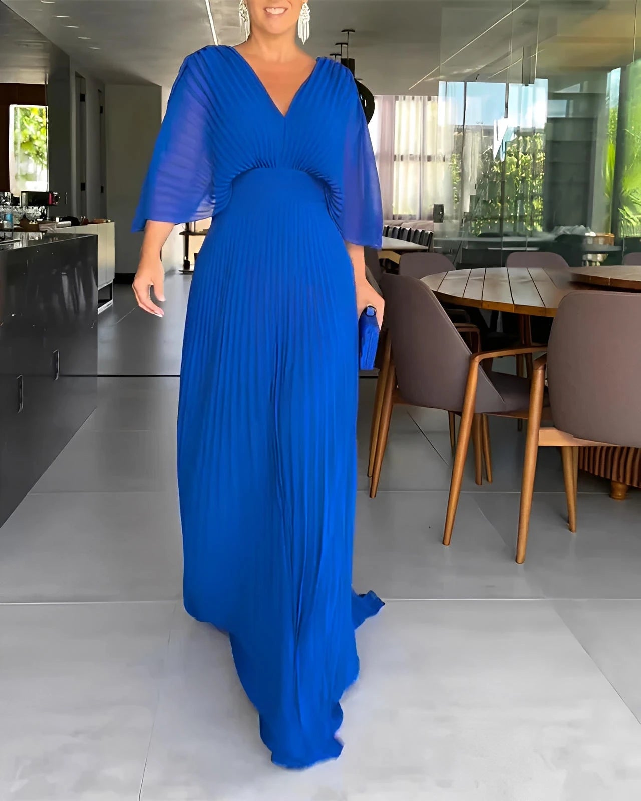 Pleated Midi Dress with Fitted Waist & Short Sleeves