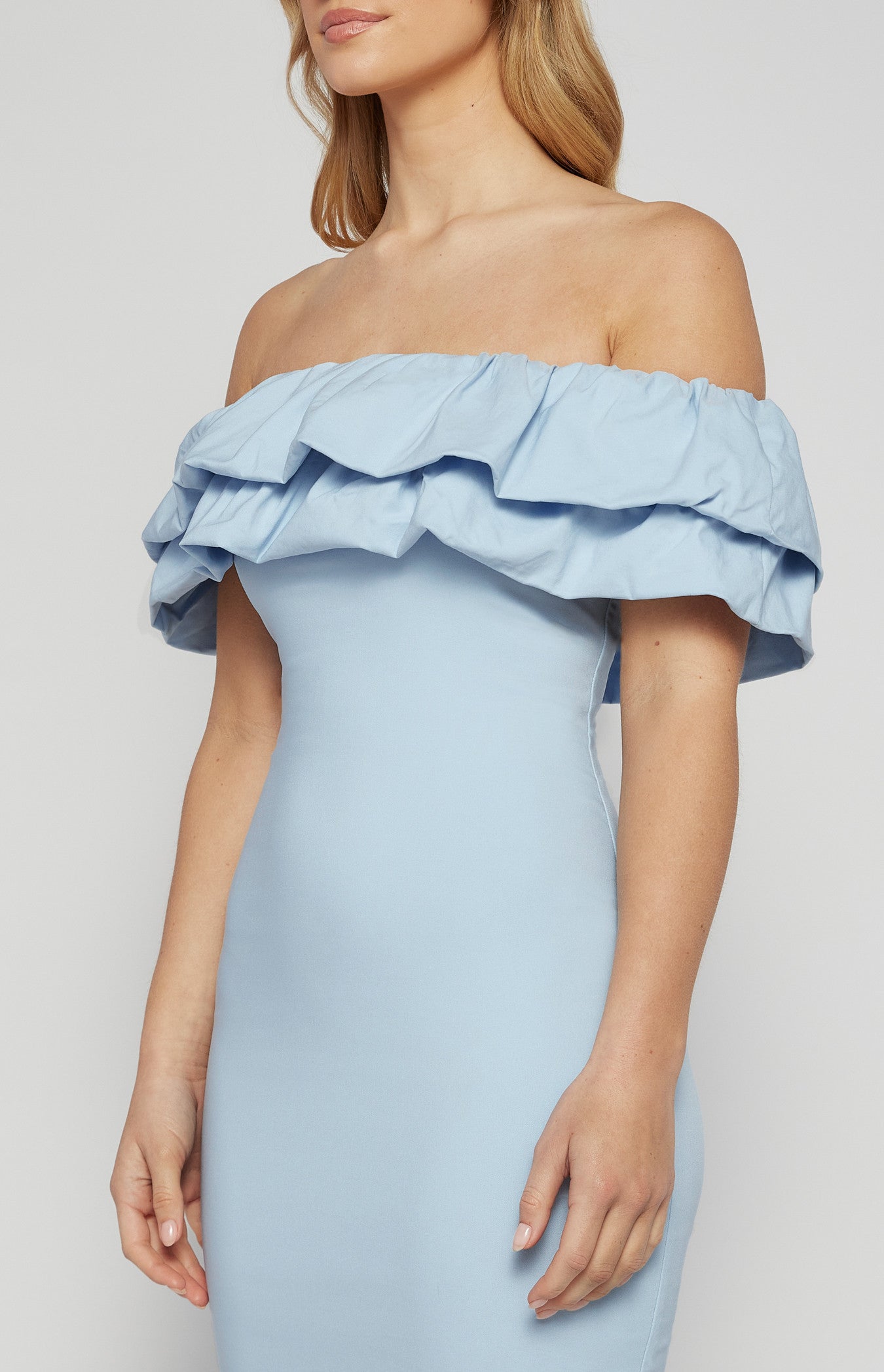 Off Shoulder Layered Ruffle Neckline Bodycon Dress CITRINE & CIPHER Off Shoulder Layered Ruffle Neckline Bodycon Dress CITRINE & CIPHER