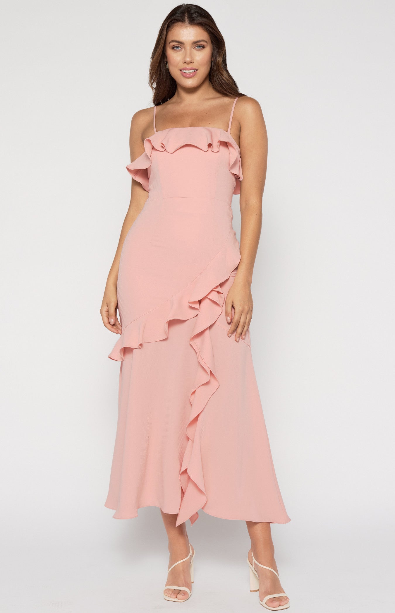 Cascade Frill Strapless Maxi Dress
