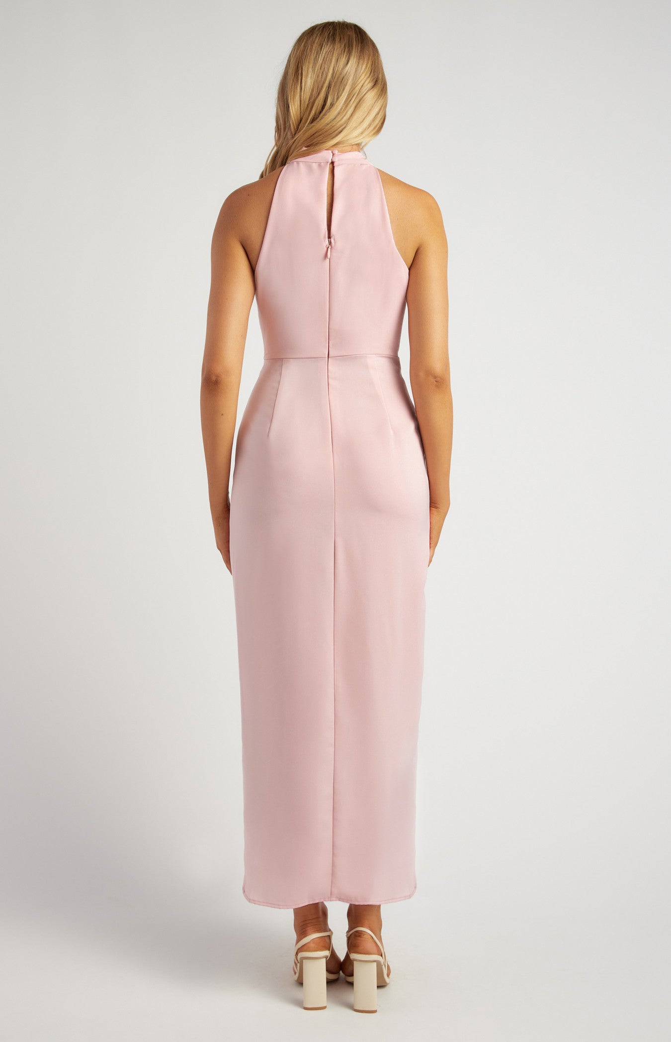 tulip hem halter dress Halter Neckline Satin Midi Dress with Tulip Hem