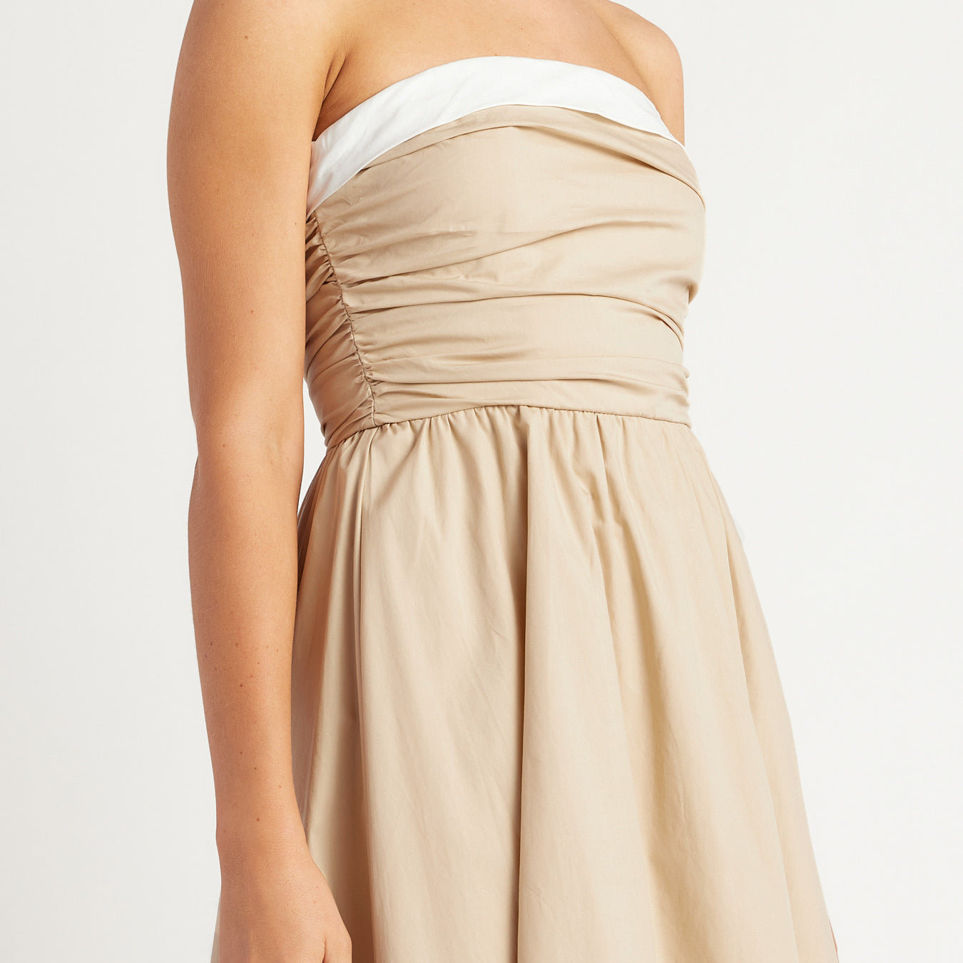 Cotton Contrast Neckline Ruched Bodice Midi Dress