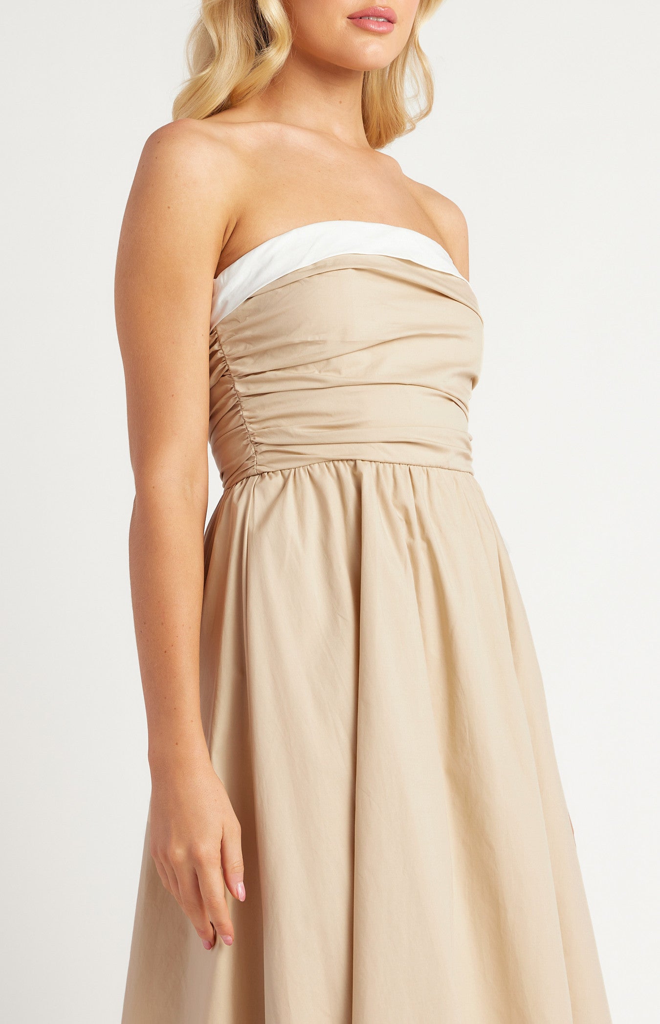 Cotton Contrast Neckline Ruched Bodice Midi Dress