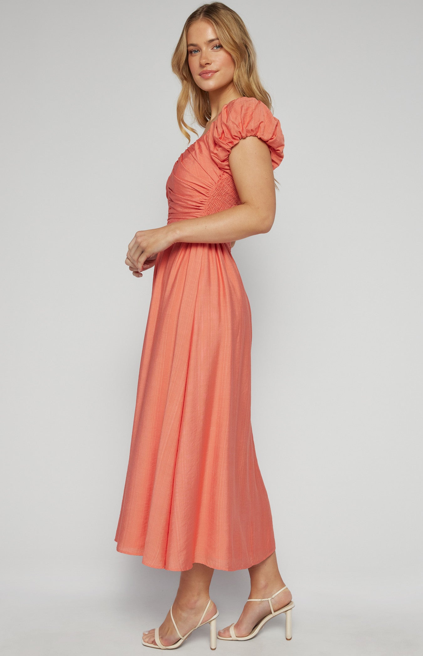 Bubble Sleeve Gathered Bodice Midi Dress