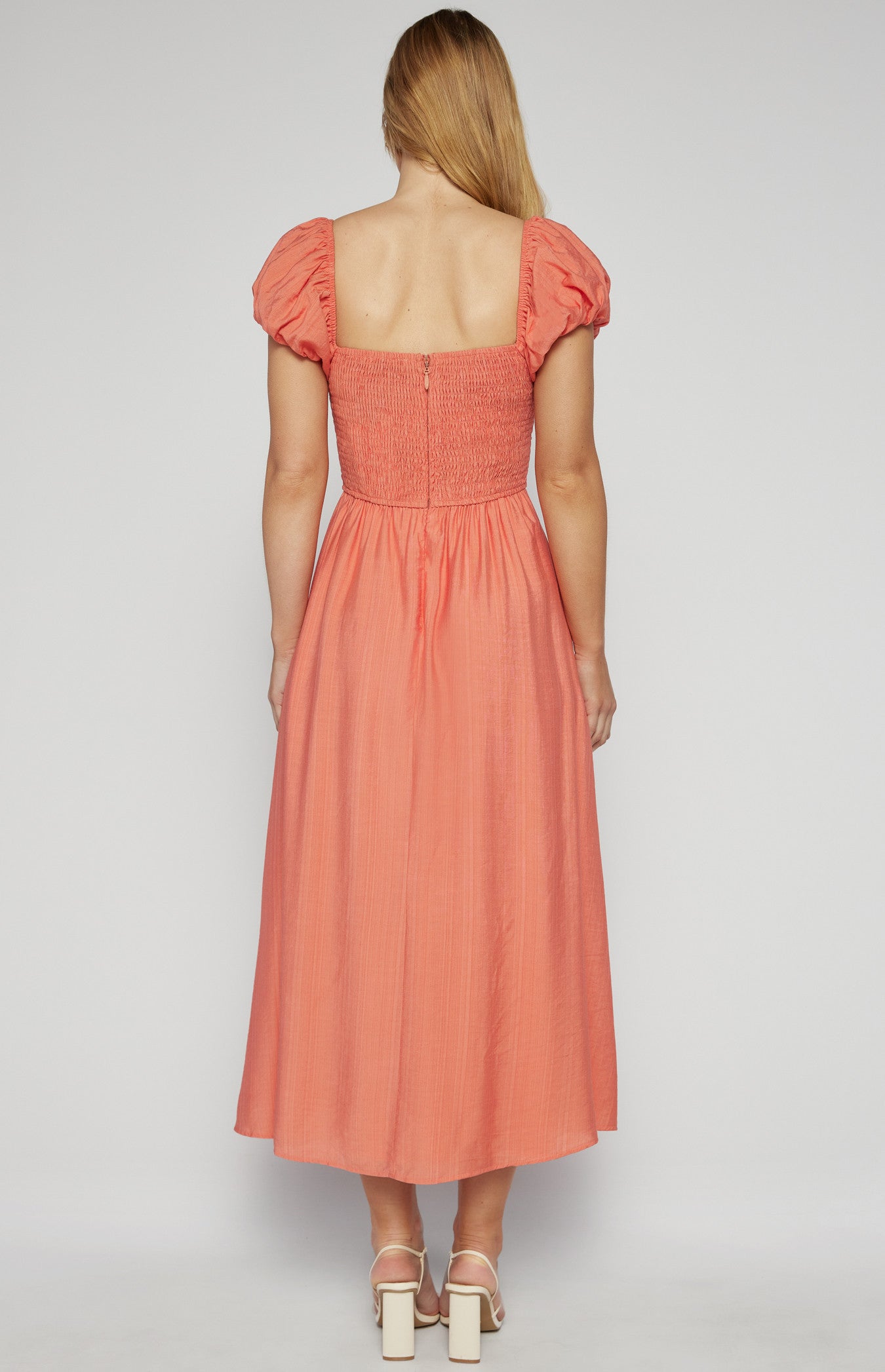 Bubble Sleeve Gathered Bodice Midi Dress