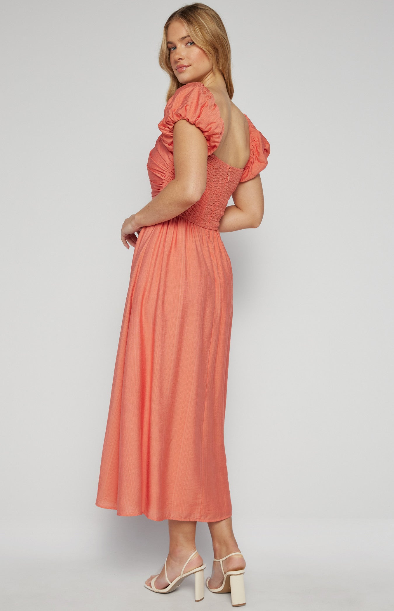 Bubble Sleeve Gathered Bodice Midi Dress