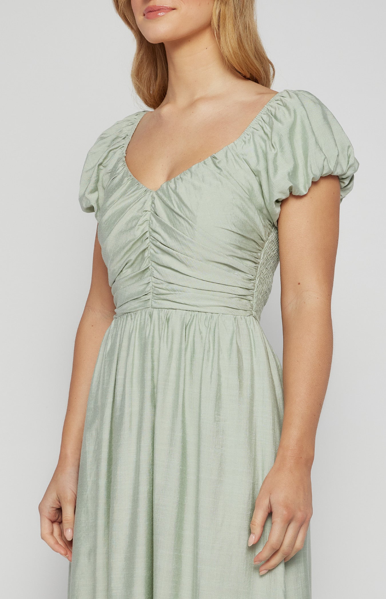 Bubble Sleeve Gathered Bodice Midi Dress