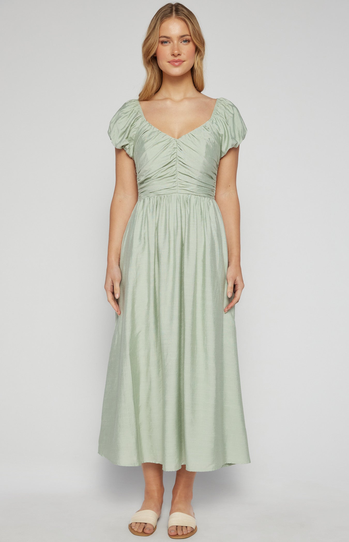 Bubble Sleeve Gathered Bodice Midi Dress