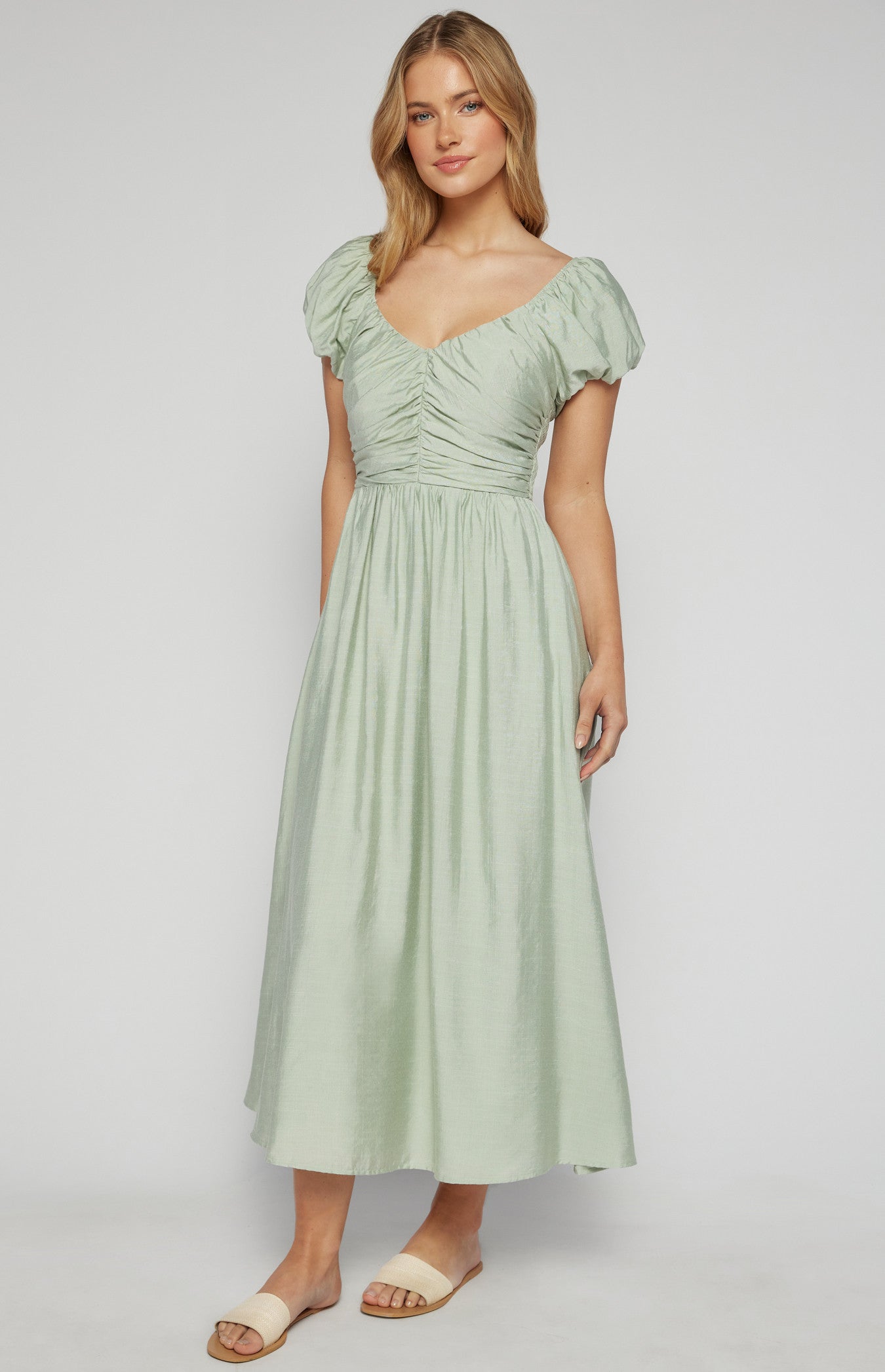 Bubble Sleeve Gathered Bodice Midi Dress