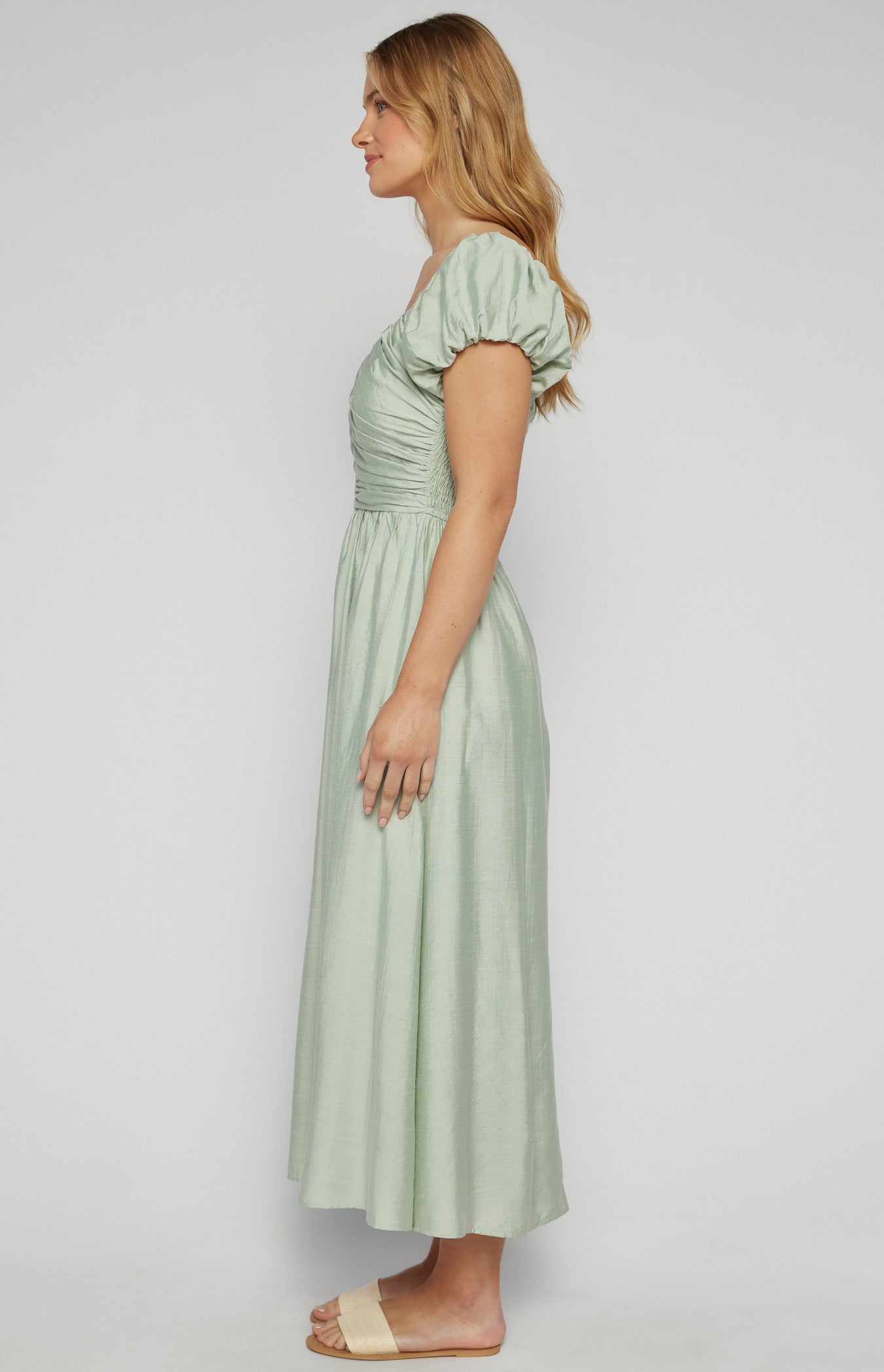 Bubble Sleeve Gathered Bodice Midi Dress