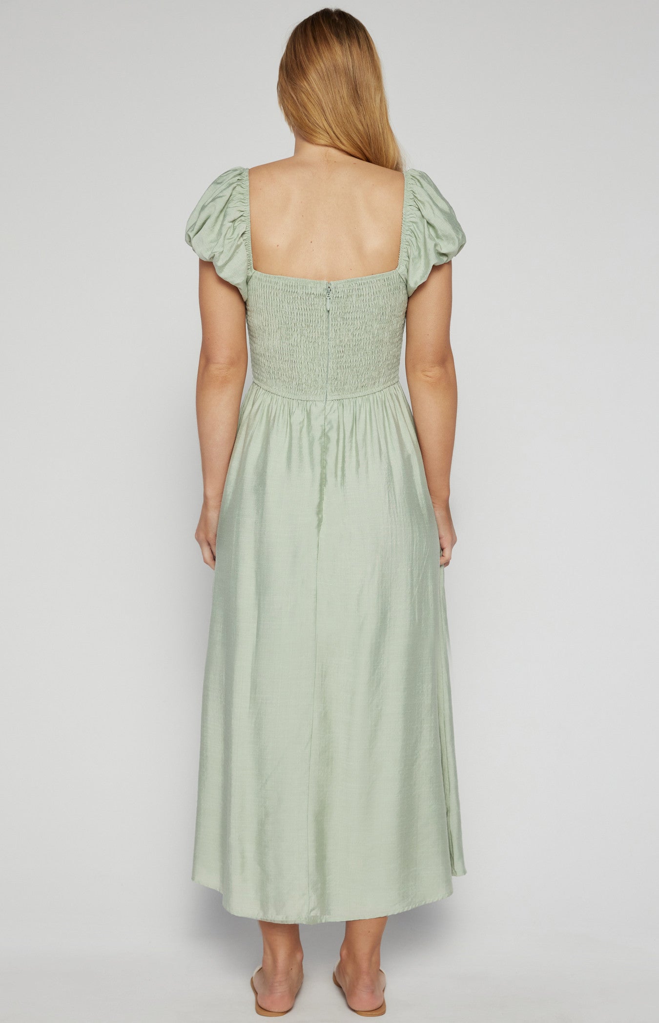 Bubble Sleeve Gathered Bodice Midi Dress