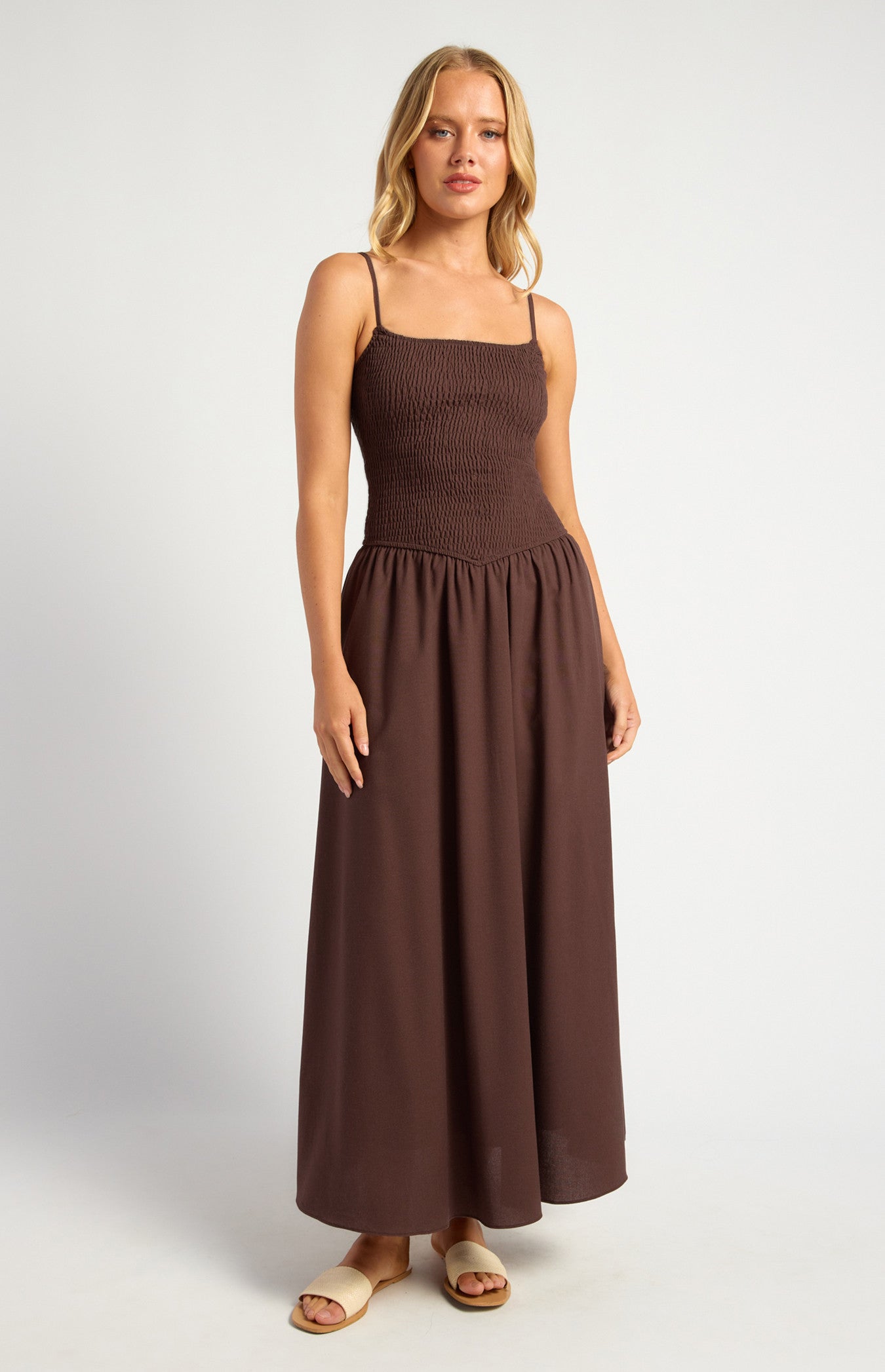 Cotton Linen Shirred Bodice V-Waist Midi Dress