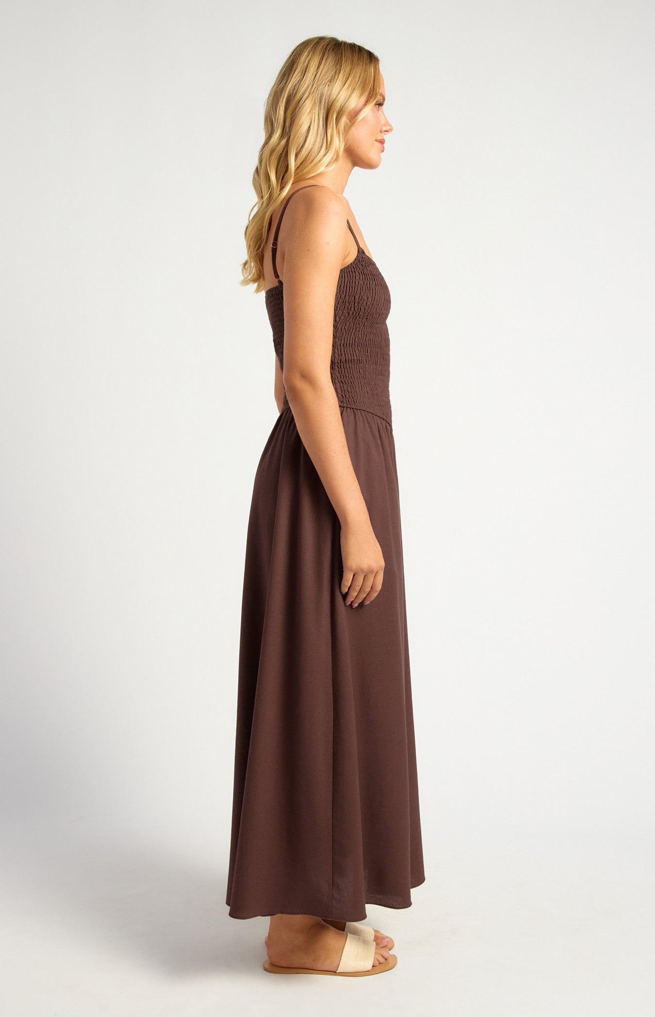 Cotton Linen Shirred Bodice V-Waist Midi Dress