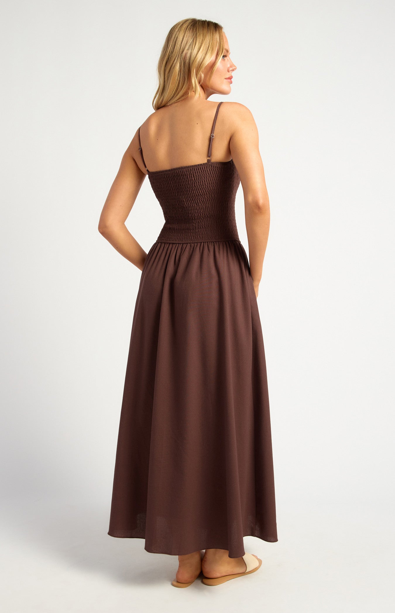 Cotton Linen Shirred Bodice V-Waist Midi Dress