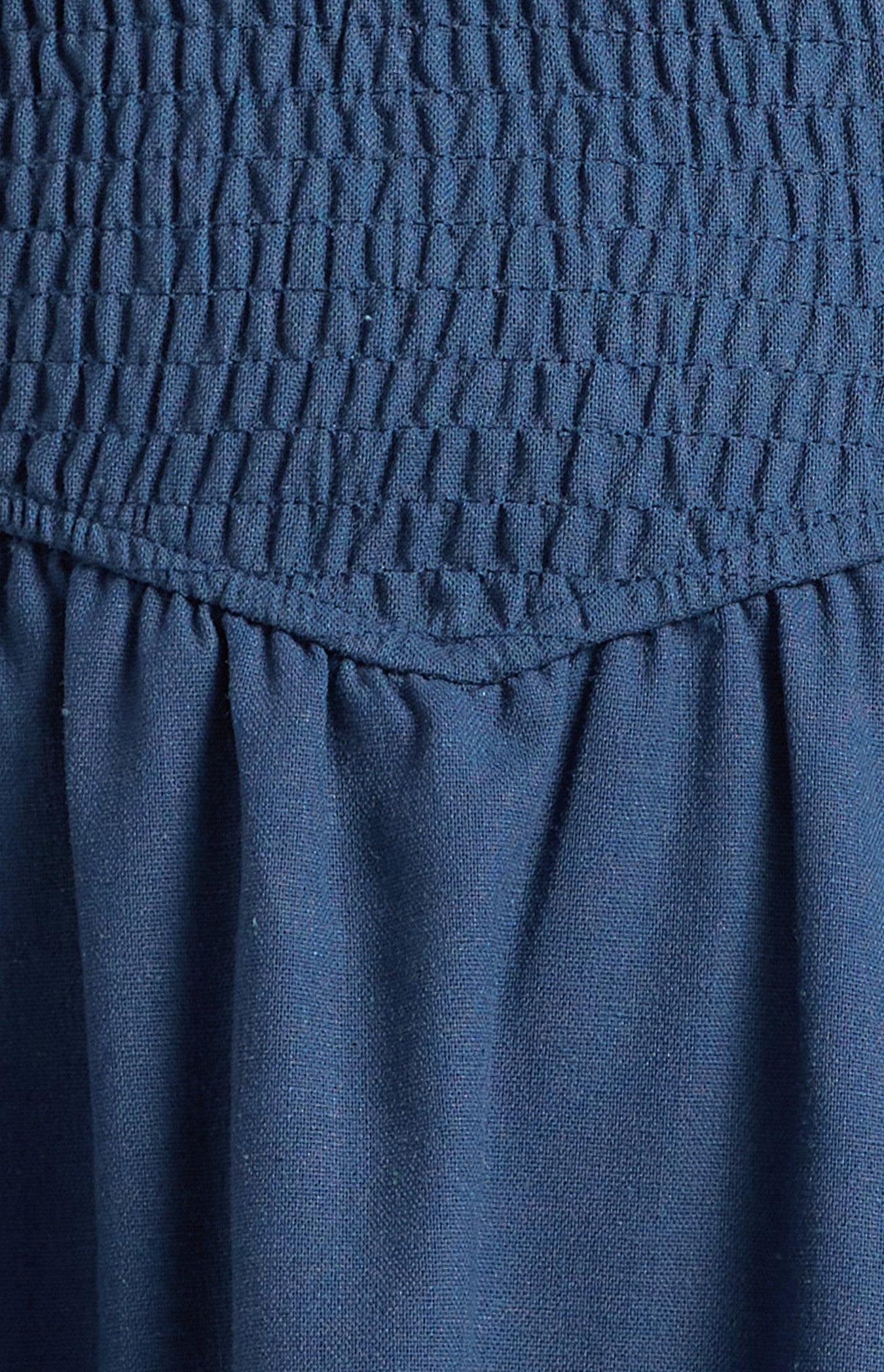 Cotton Linen Shirred Bodice V-Waist Midi Dress