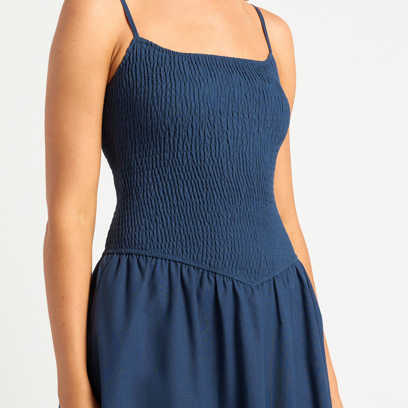 Cotton Linen Shirred Bodice V-Waist Midi Dress