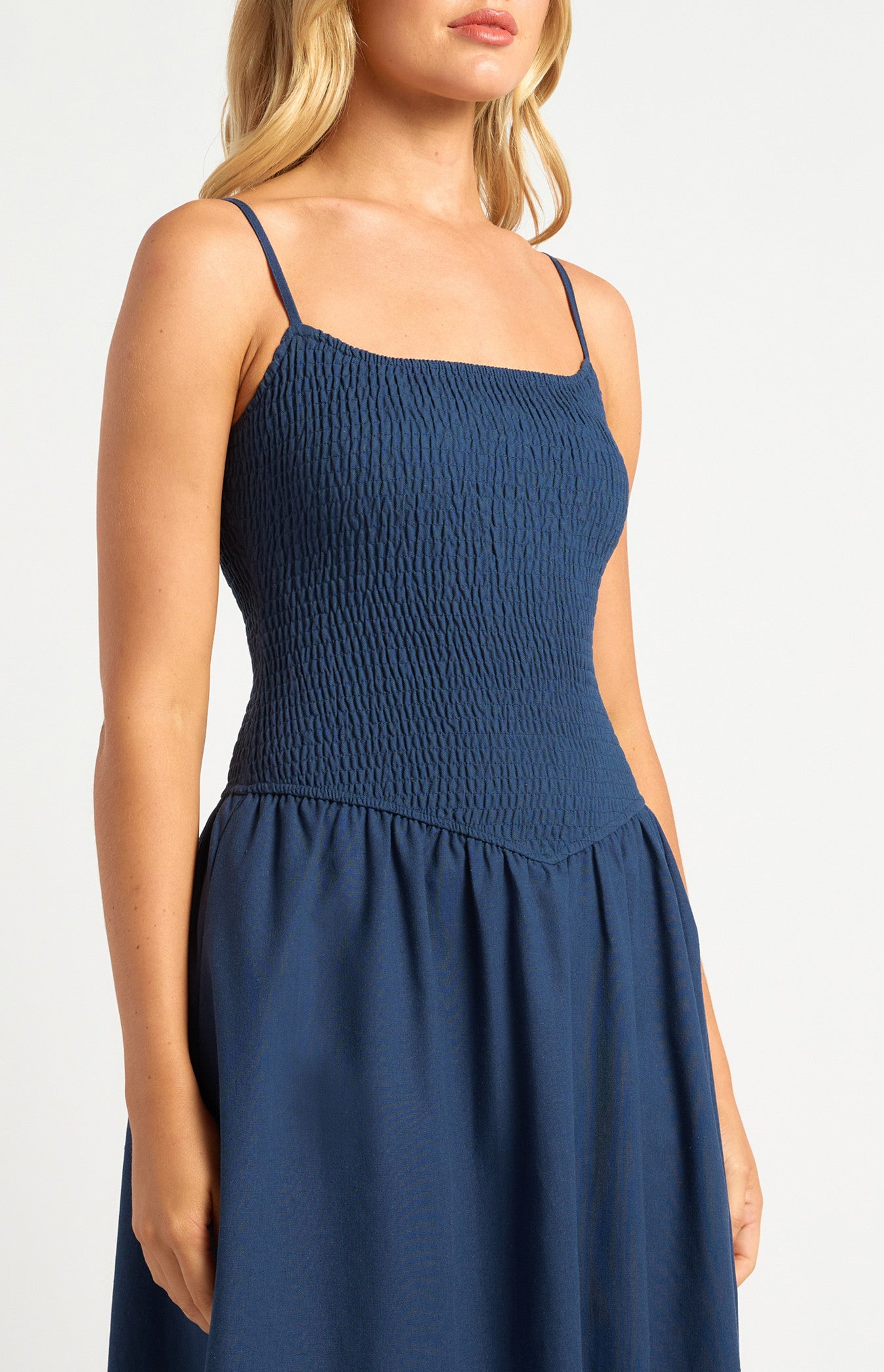 Cotton Linen Shirred Bodice V-Waist Midi Dress