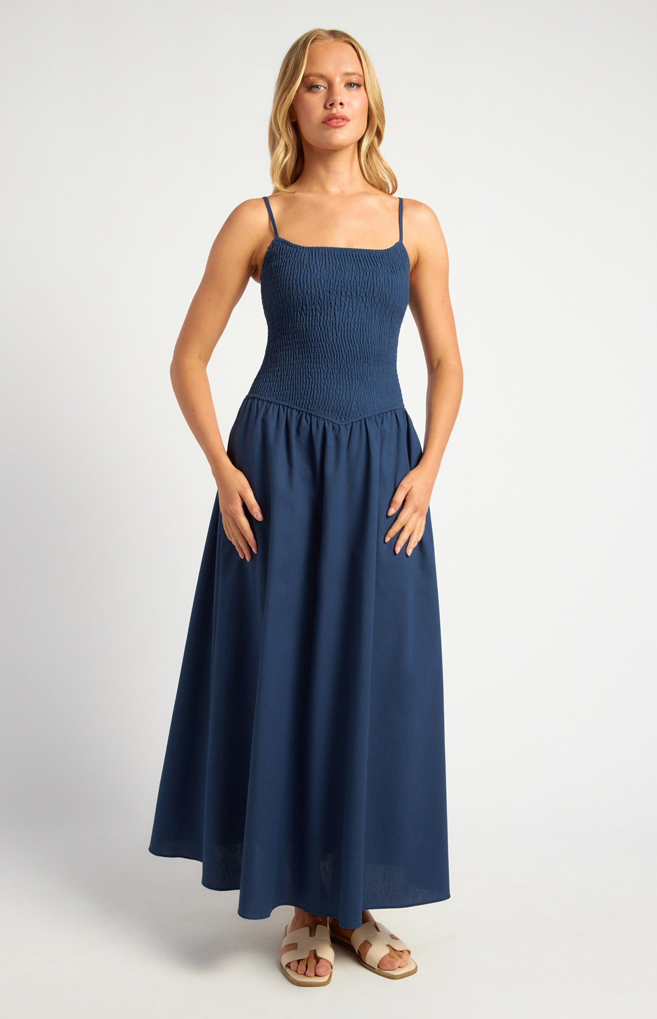 Cotton Linen Shirred Bodice V-Waist Midi Dress Midnight / 10 Cotton Linen Shirred Bodice V-Waist Midi Dress Midnight / 10