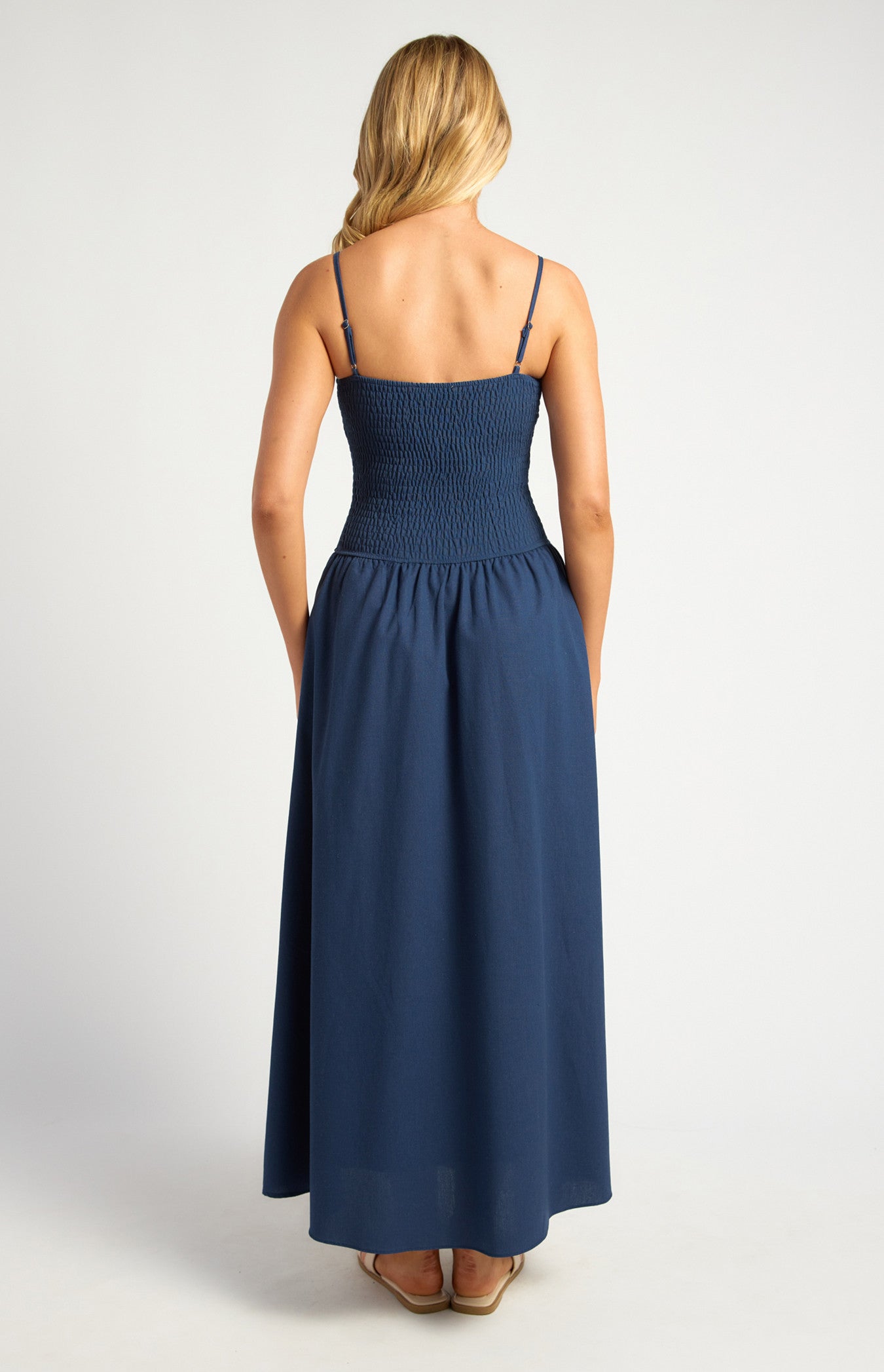 Cotton Linen Shirred Bodice V-Waist Midi Dress