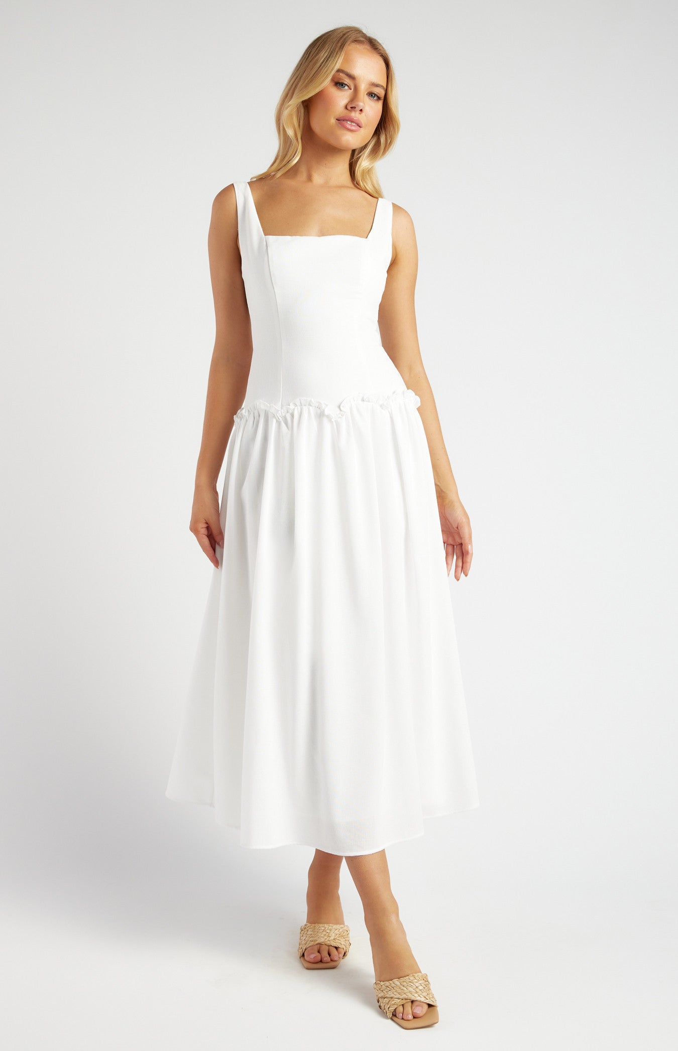 drop waist frill dress Women's Taupe Textured Woven Drop Waist Frill Hem Mini Dress