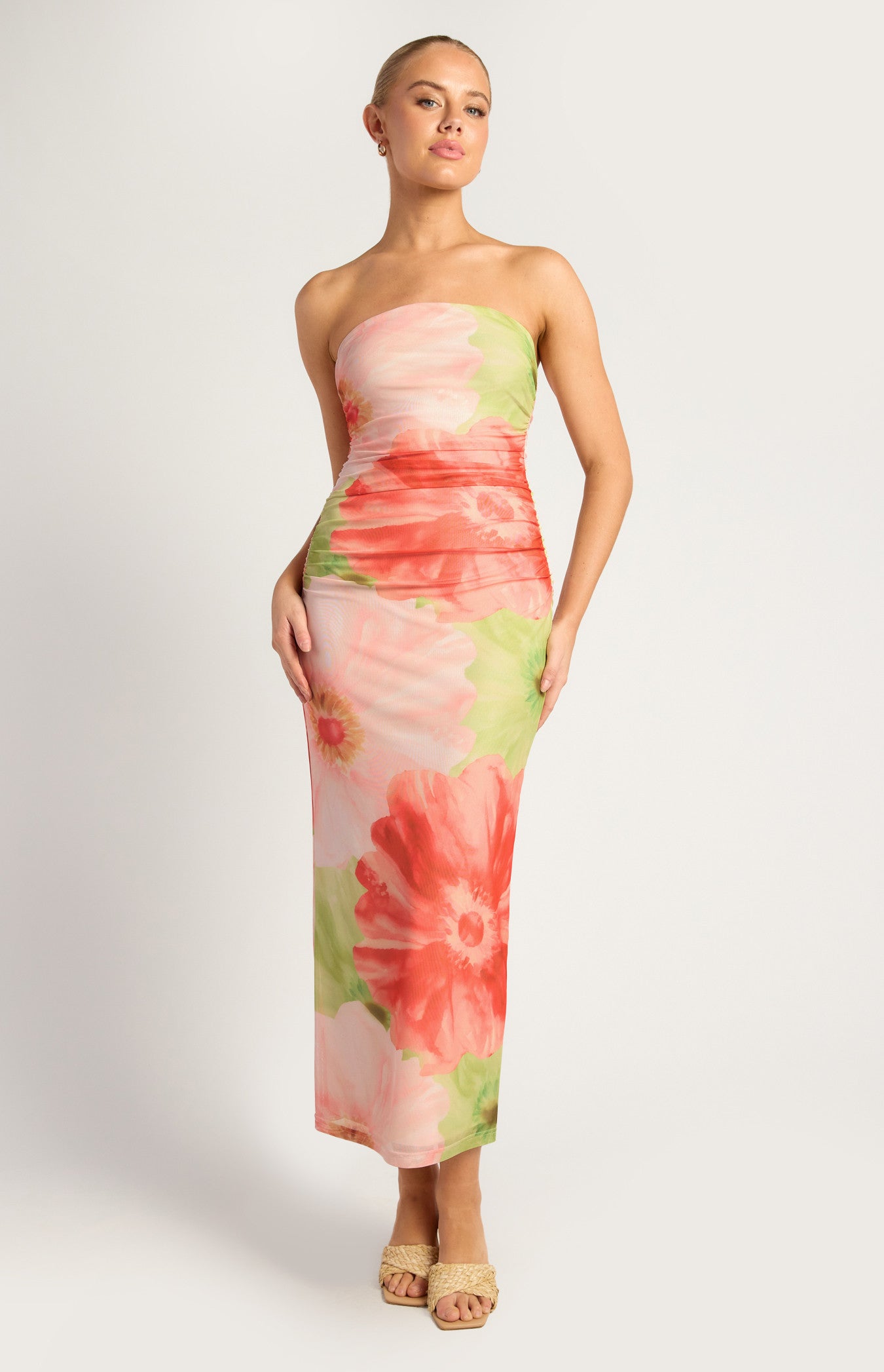 Contrast Floral Print Strapless Mesh Midi Dress