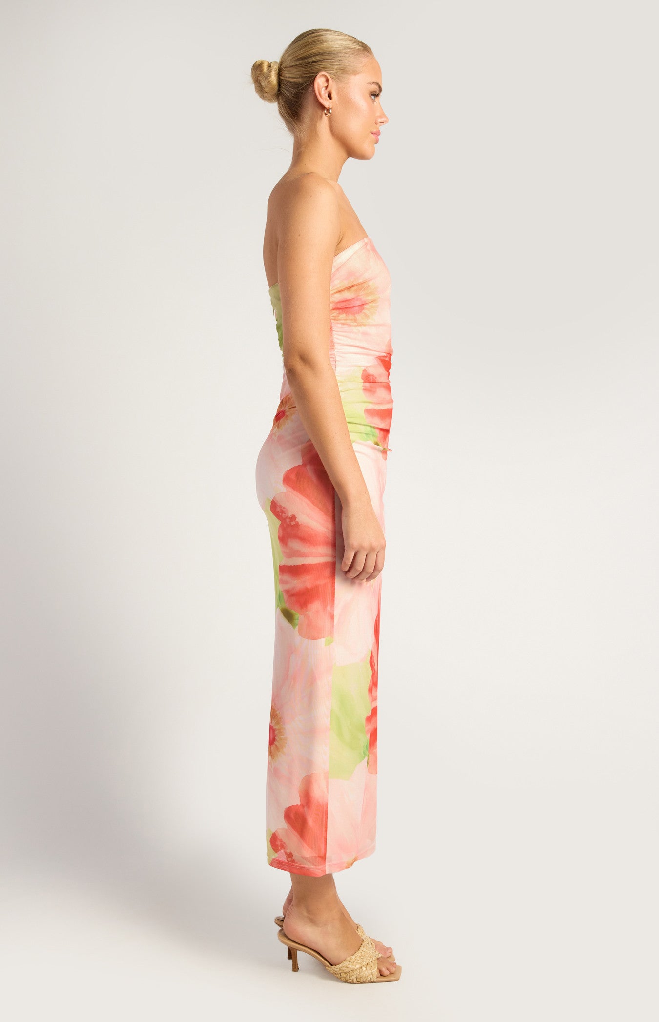 Contrast Floral Print Strapless Mesh Midi Dress