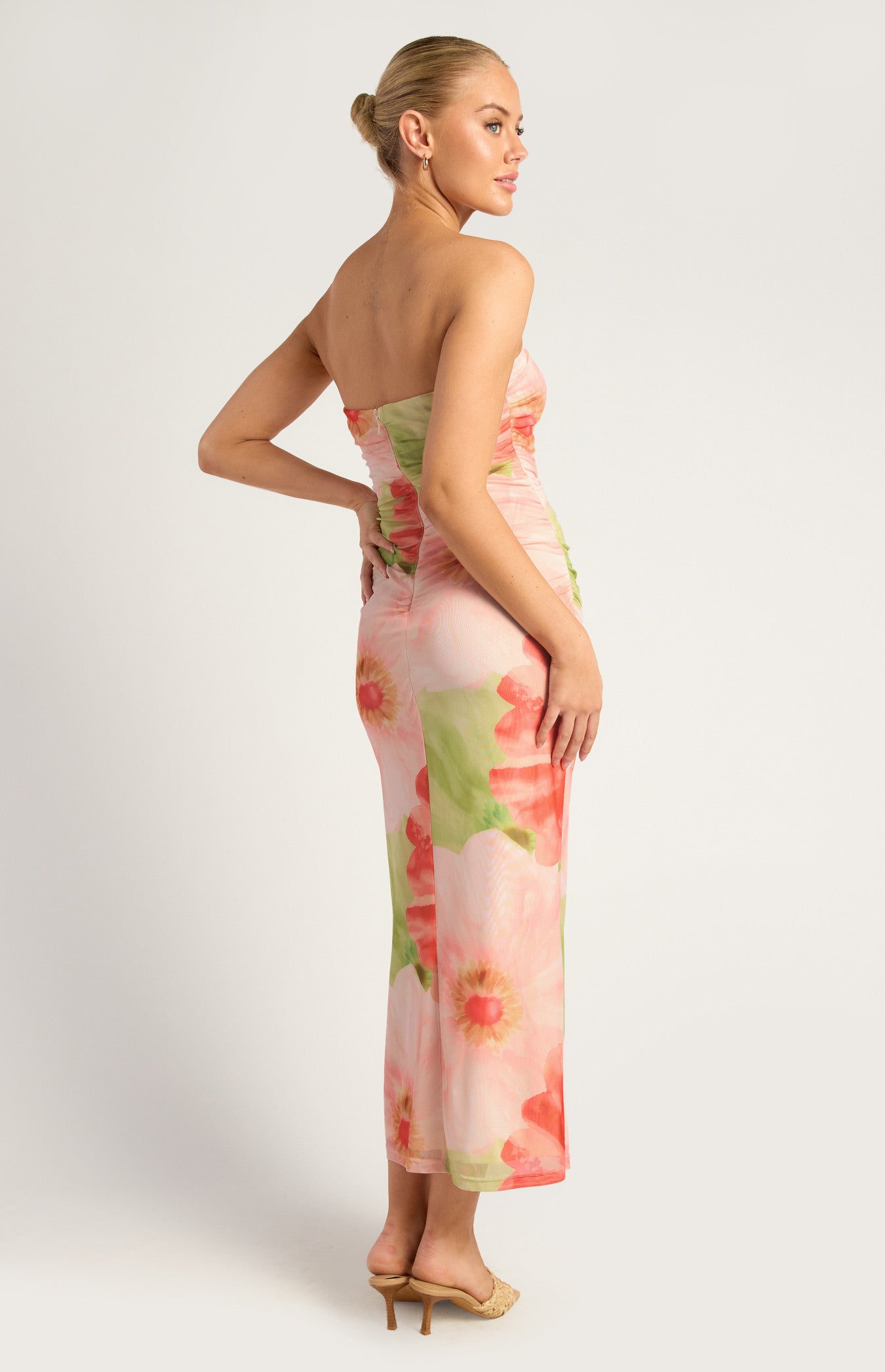 Contrast Floral Print Strapless Mesh Midi Dress